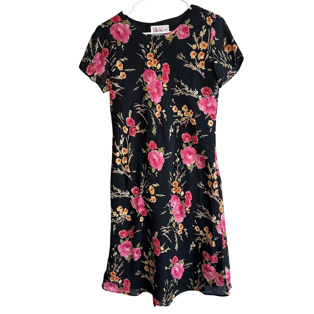 Vintage 90's Midi‎ Dress Black Floral Print Short Sleeve Sz 10 Midi Dress